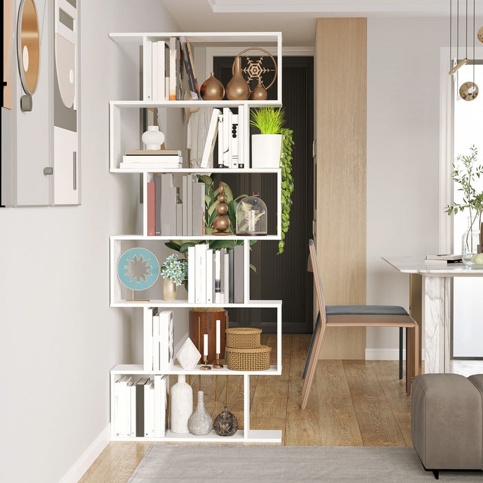 HOMCOM 6 Tier Wooden Bookcase S Shape Display Unit Divider Home Office White