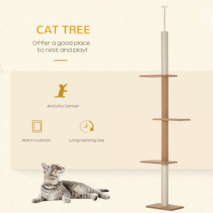 Pawhut 100\" Floor To Ceiling Cat Tree W/ 3 Perches Activity Center For Kittens Cat Tower Furniture, 