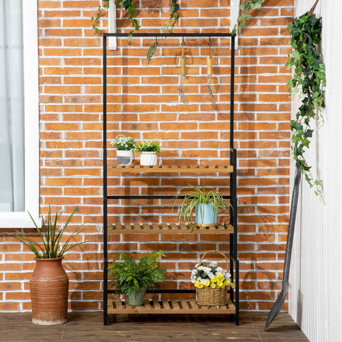 Outsunny 3 Tiered Plant Stand With Hanging Hooks And Metal Frame, Tall Plant Shelf Flower Pot Holder