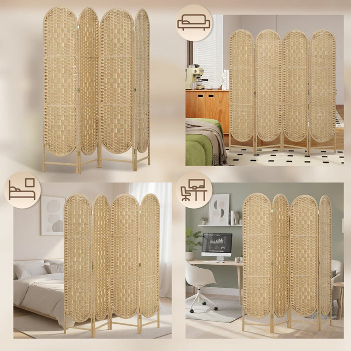 HOMCOM 4 Panel Room Divider, Bohemian Folding Privacy Screen, Natural Wood