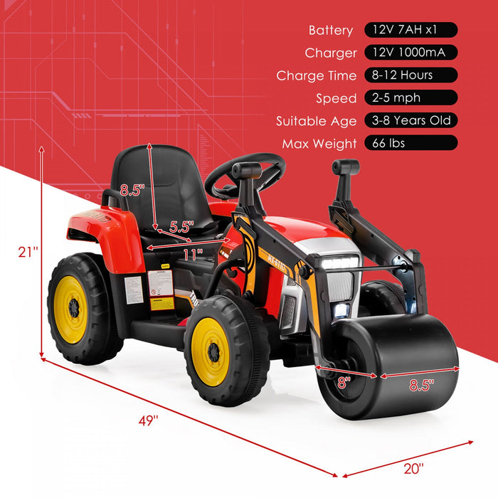 Costway Kids Ride On Road Roller 12v Electric Tractor Remote W/ Music & Led Light Red