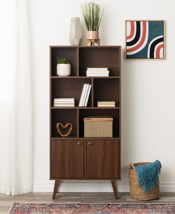 Milo Mid-Century Modern Bookcase with 6 Shelves, 2 Doors & Brushed Brass-Finished Knobs - Cherry