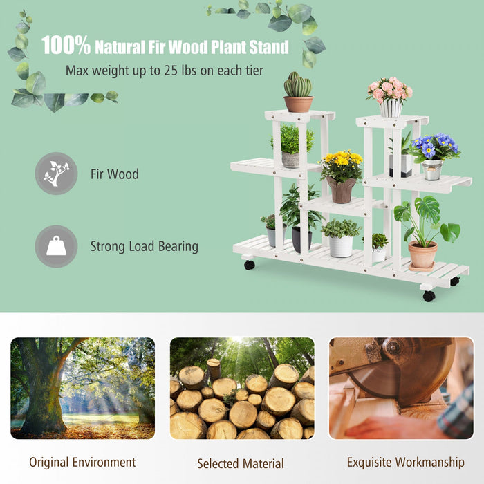 Costway 4-tier Rolling Flower Rack Wood Plant Stand Casters 12 Pots Bonsai Display Shelf