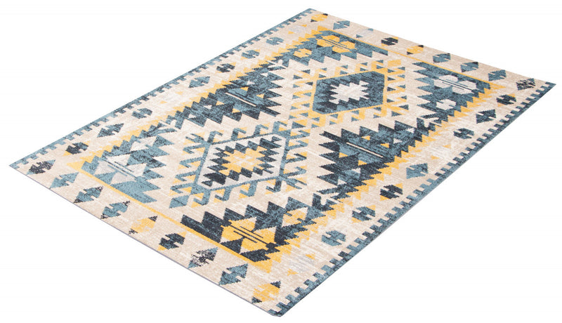 Mosaic Taupe/Blue Machine Washable Area Rug - 5'0\" x 7'0\"