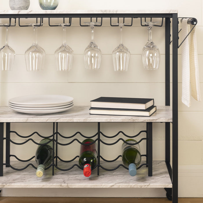Maliza Bar Cart With Wine Bottle Storage And Wine Glass Rack - Faux Carrara Marble 