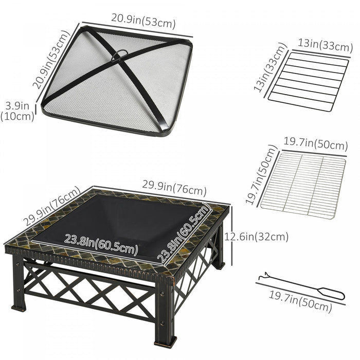Outsunny 30\" Outdoor Steel Square Firepit Square Stove With Spark Screen Cover, Log Grate, Poker, Gr