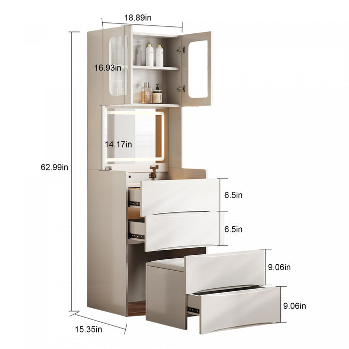Emily 3-in-1 Vanity Table Set with LED Mirror and Storage,White Mirror Cabinet  