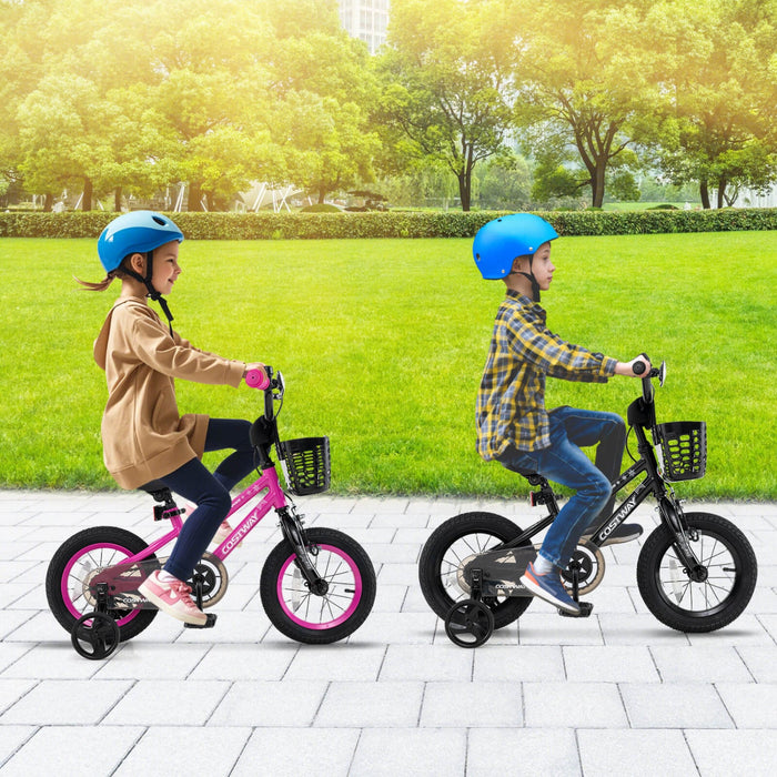 Costway 16" Kid's Bike With Training Wheels Adjustable Handlebar & Seat Handbrake Pink