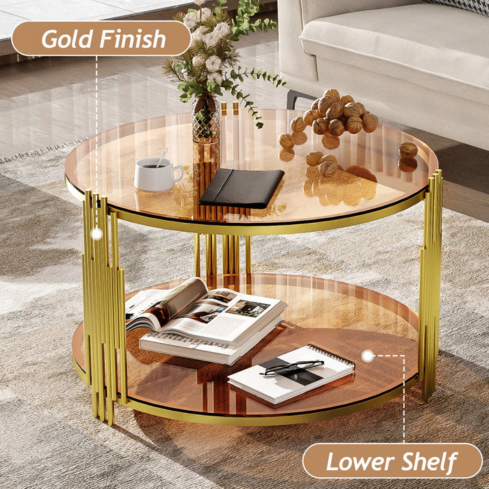 Jonas 31.5\" Round Tempered Glass Coffee Table With Lower Shelf - Brown 