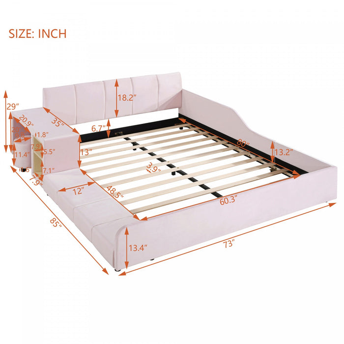 Lily Velvet Upholstered Grounded Bed with Desk and Stool,Queen Size,Pink Queen Bed  