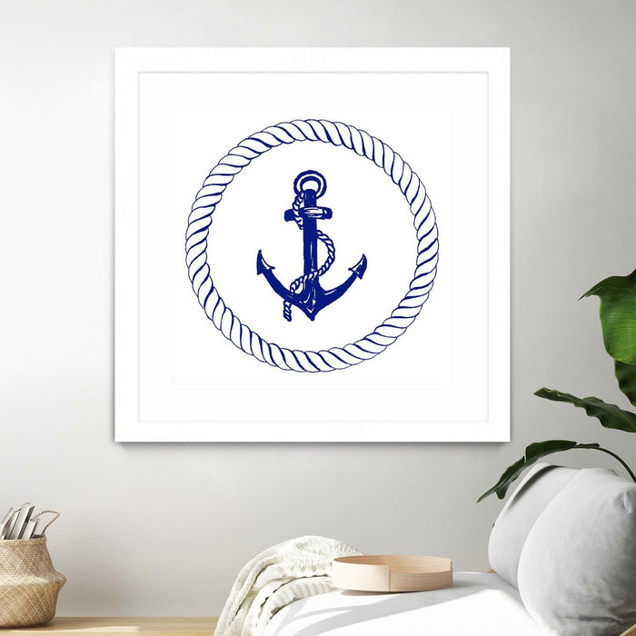 \"Blue Nautical Circle I\" Matted and Framed White 36x36 Wall Art