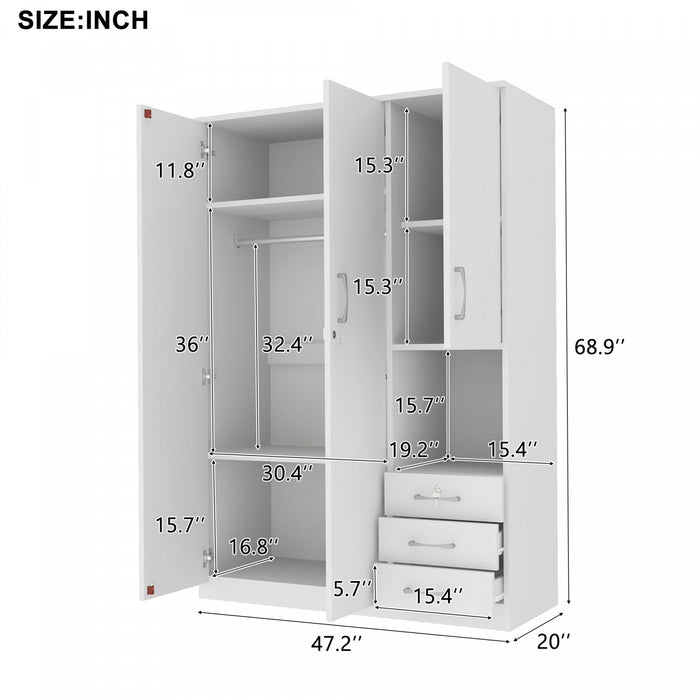 Lydia 47.2\" 2-doors Wooden Wardrobe Storage With Shelves And 3 Drawers - White 