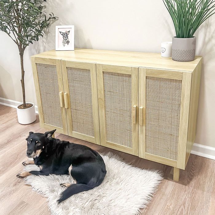 HOMCOM Boho Sideboard Buffet Cabinet with 4 Rattan Doors, Natural