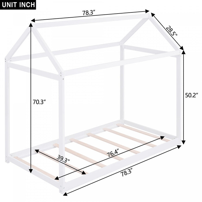 Susan Easy-clean Design Solid Wood House Bed With Roof Frame, Twin Size - White 