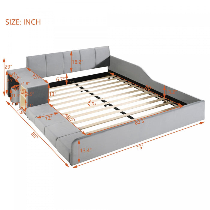 Lily Velvet Upholstered Grounded Bed with Desk and Stool,Queen Size,Grey Queen Bed  