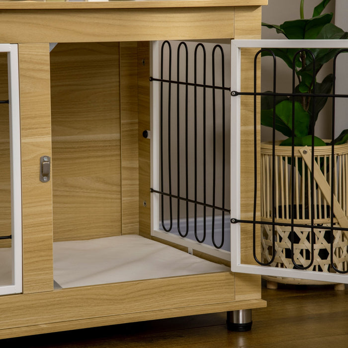 Pawhut Pet Crate End Table With Soft Cushion, Double-door Dog Crate Furniture For Medium Large Dogs,