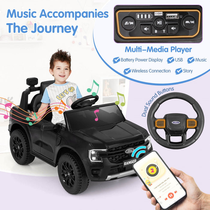Costway 12v Licensed Ford Ranger Kids Ride On Car With Remote Control Storage Basket Black