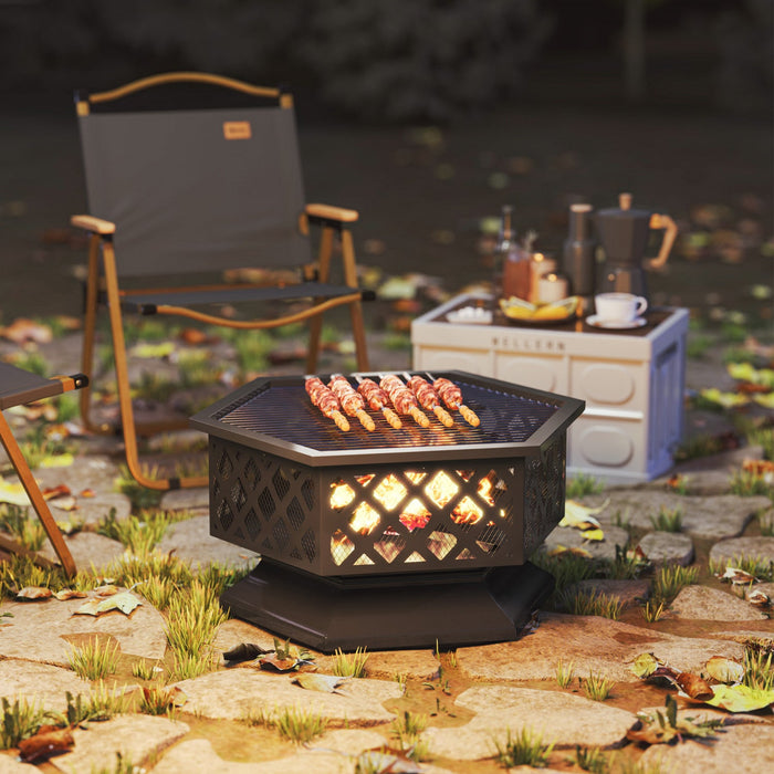 Outsunny 28" Outdoor Fire Pit Grill Firepit with Spark Screen, Poker, Black