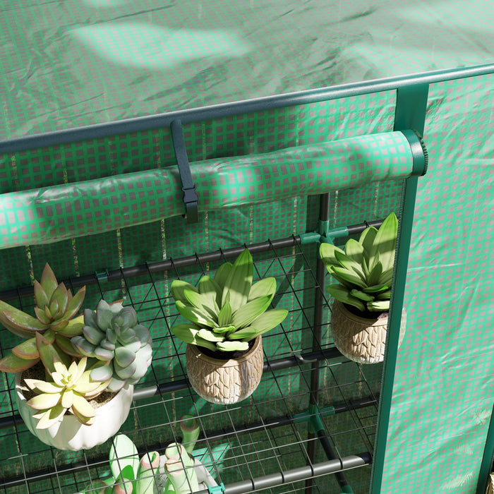 Outsunny Lean-to Mini Greenhouse With 3 Tier Shelves, Roll-up Doors, Green