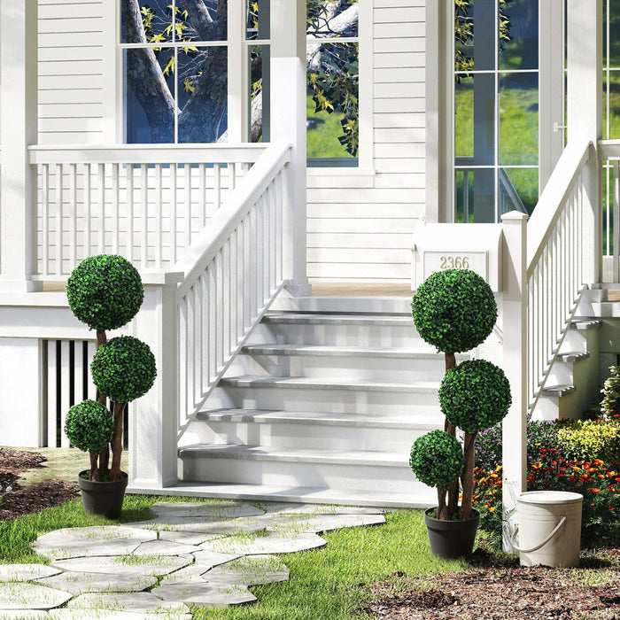HOMCOM 35 Inch Artificial Boxwood Triple Ball Topiary Tree Set of 2, Green