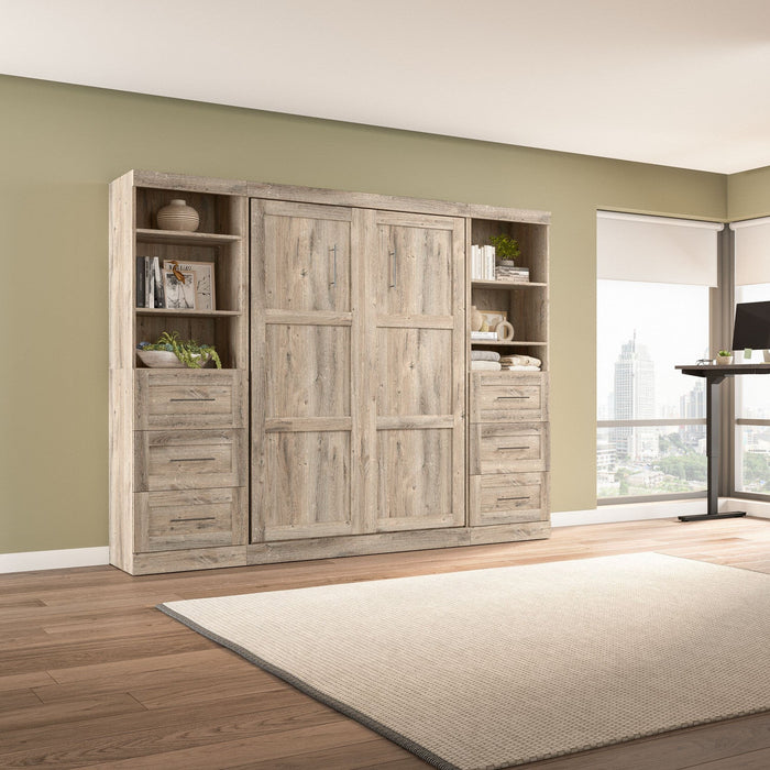 Bestar Pur Full Murphy Two Shelving Units with Drawers 109-Inch Wall Bed - Rustic Brown