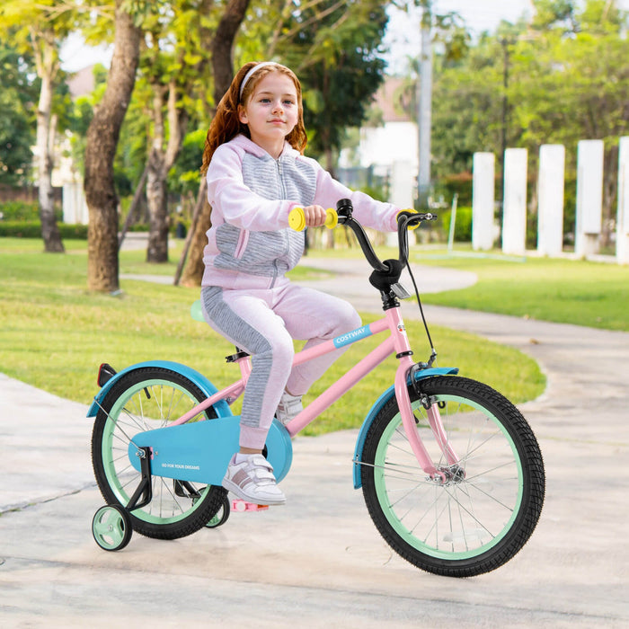 Costway 18" Kids Bike With Adjustable Saddle Handlebar Removable Training Wheels Handbrake Pink