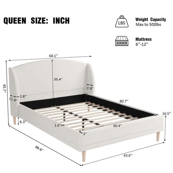 Jeffrey Upholstered Bed with Boucle Wingback Headboard,Queen Size - White 