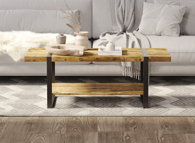 44” Coffee Table With Black Metal Base - Brown Reclaimed Wood 