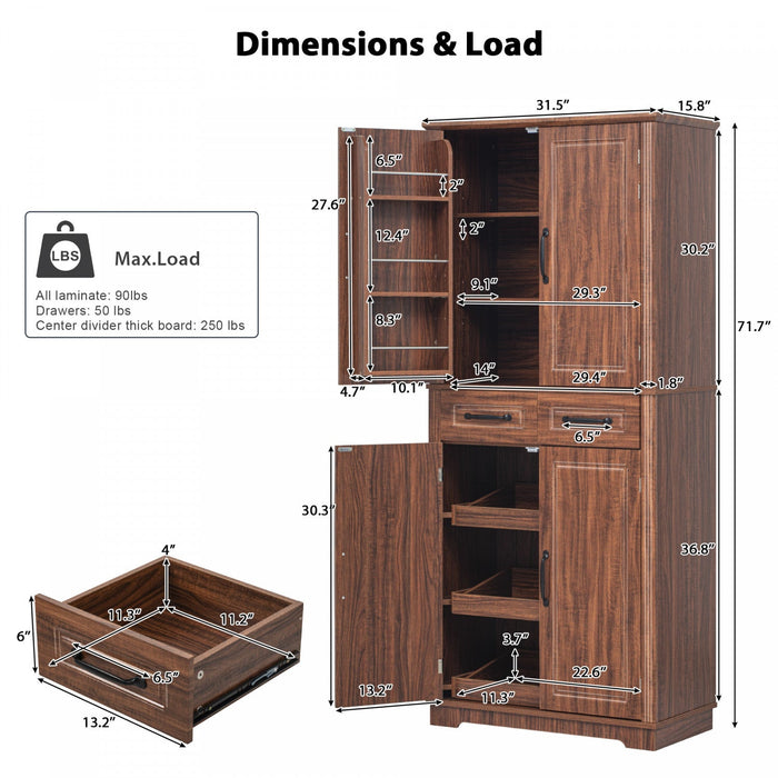 Fabian 72\" Adjustable Shelves Pantry Cabinet With Pull-out Organizers -Brown 