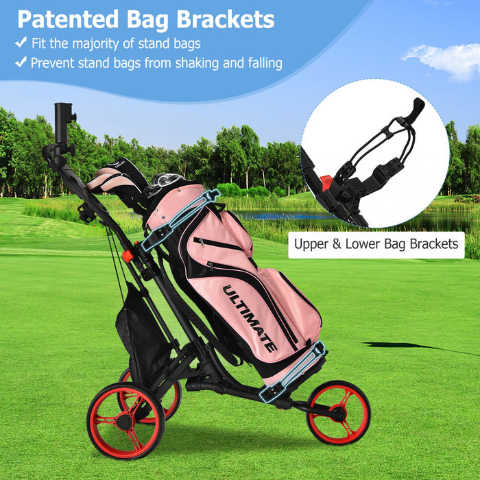 Goplus Folding 3 Wheels Golf Push Cart W/bag Scoreboard Adjustable Handle Red