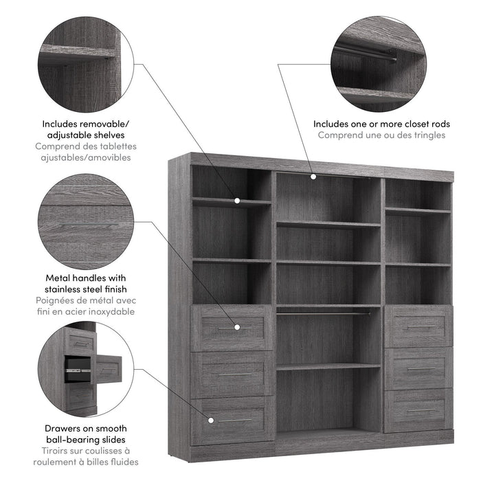 Bestar Pur 86 W Closet Organization System with Drawers - Bark Grey