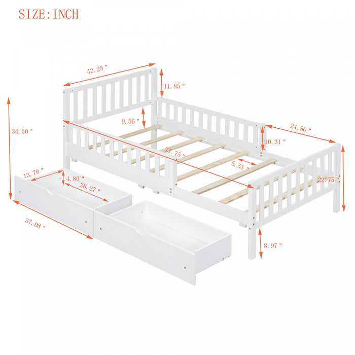 Emma Wood Platform Bed with Guardrails and Storage Drawers,Twin Size - White 