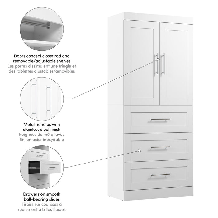 Bestar Pur 36 W Wardrobe with Drawers - White