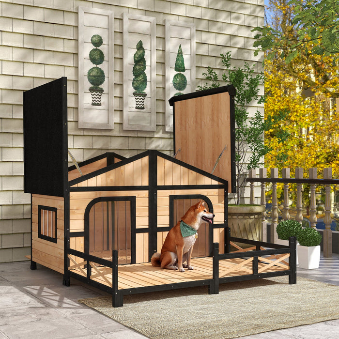 Pawhut 59\"x64\"x39\" Wood Dog House Outdoor Cabin-style Elevated Pet Shelter With Porch Deck, Beige