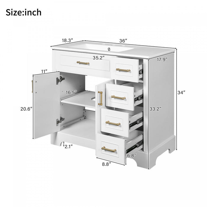 Paul 36\" Solid Wood Bathroom Vanity With Ceramic Sink - White 
