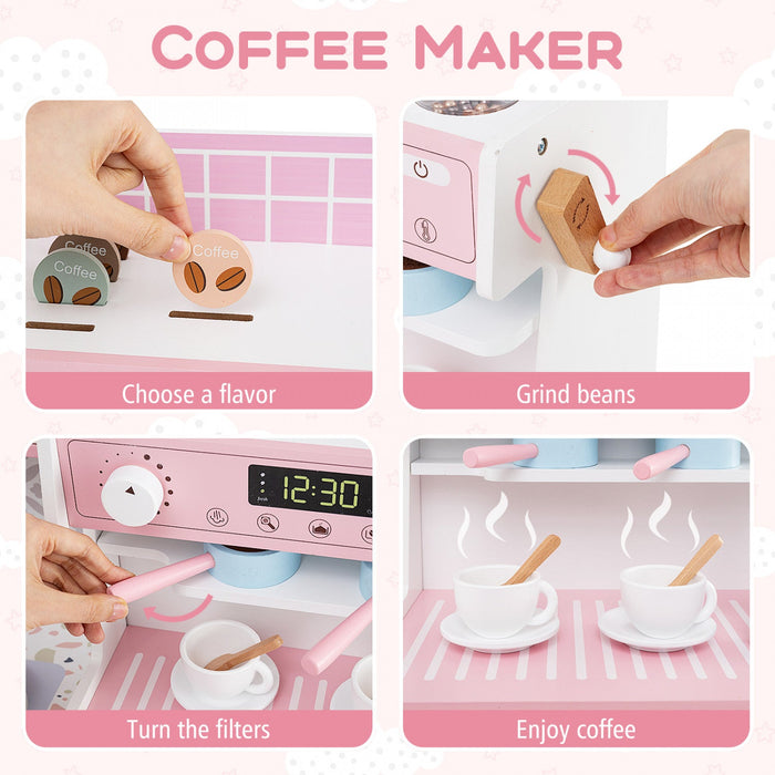 Honeyjoy Kids Kitchen Set Wooden Kitchen Playset With Clock, Microwave, Sink, Dish Rack Pink