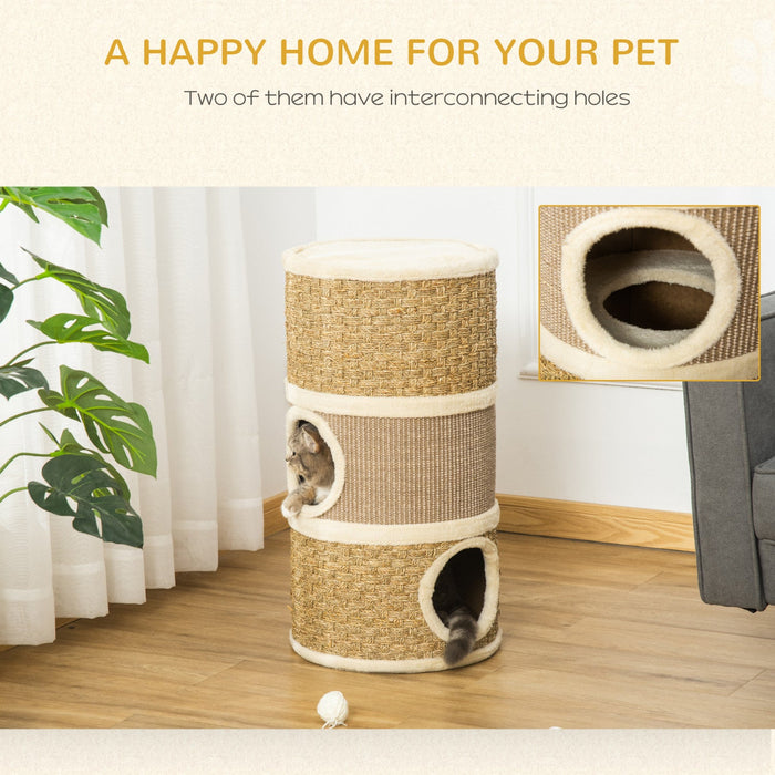 Pawhut Cat Condo 3 Story Three Holes With Sisal Seaweed Scratching Cover Surface, Cat Tower For Indo