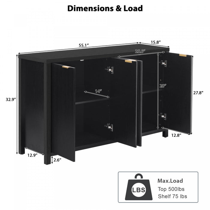 Ted 55\" Fluted Buffet Cabinet With Storage And Adjustable Shelves - Black 