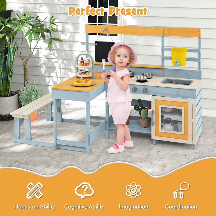 Costway Mud Kitchen With Kids Picnic Table Built-in Bench Blackboard Water Box Sink