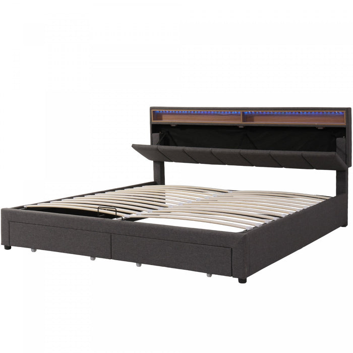 Kelly Upholstered Hydraulic Storage Bed with LED Lighting Headboard and Built-in Drawers,Queen Size,Grey Queen Bed  