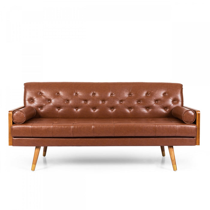 Aidan 3-seater Tufted Pu Leather Sofa With Rolled Pillows - Light Brown 