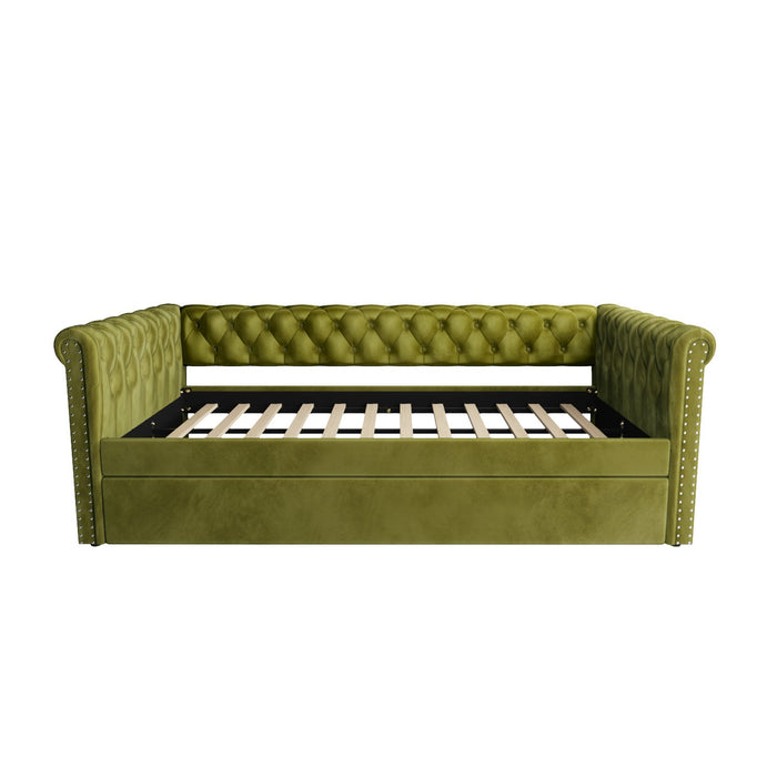Sophia Tufted Design Upholstered Daybed with Trundle and Comfortable Backrest,Green  
