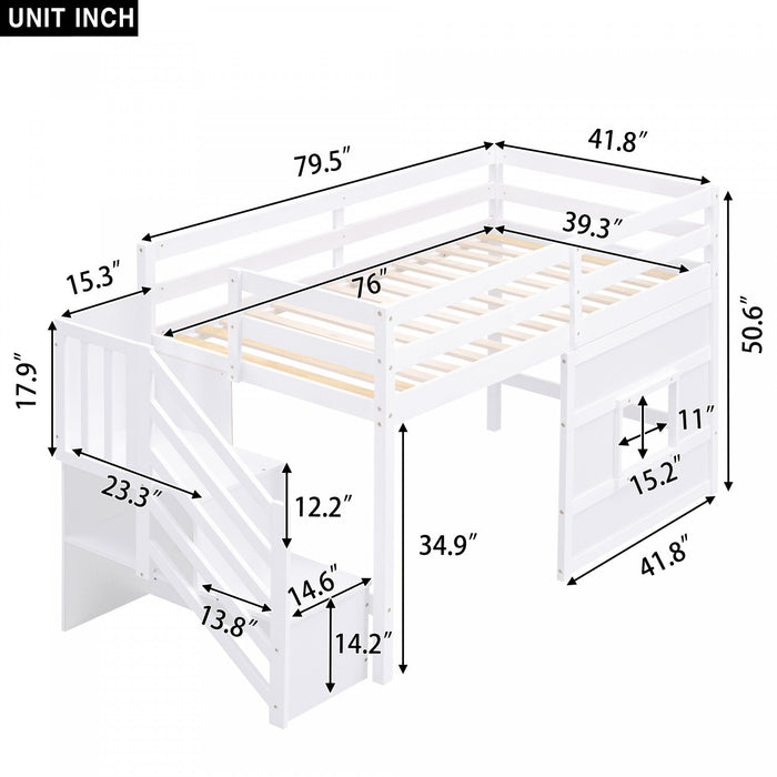 Martin Twin Solid Wood Loft Bed With Storage Stairs, Play Window, Led Light - White 