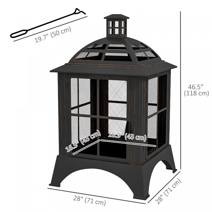 Outsunny 28\" Fire Pit With Poker, Chimney Style Wood Burning Firepit, Black
