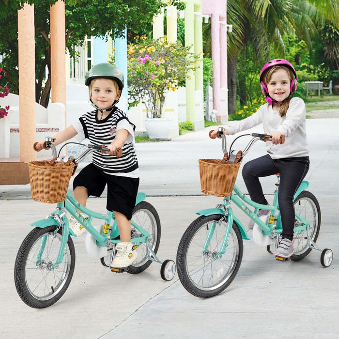 Costway 18" Kids Bike With Height Adjustable Handlebar Seat Basket Bell Training Wheels Green