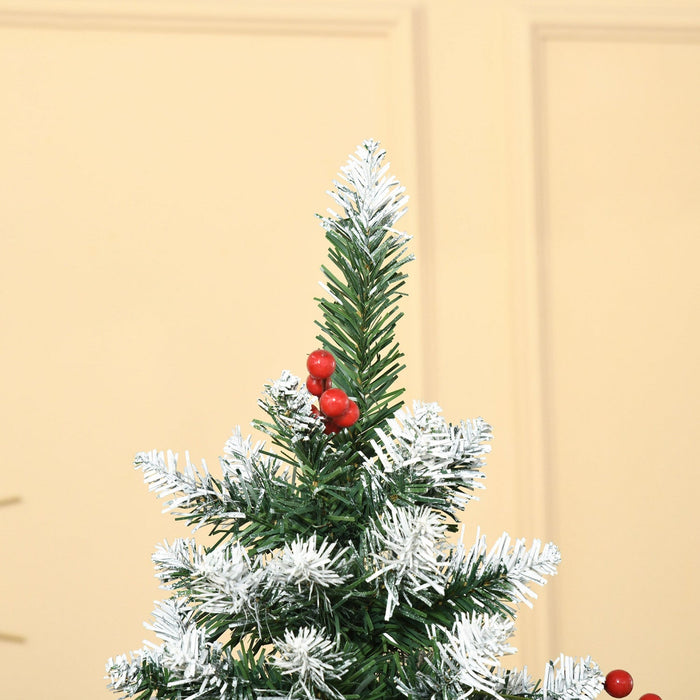 Homcom Flocked Pencil Christmas Tree With Red Berries, Pine Cones, Green