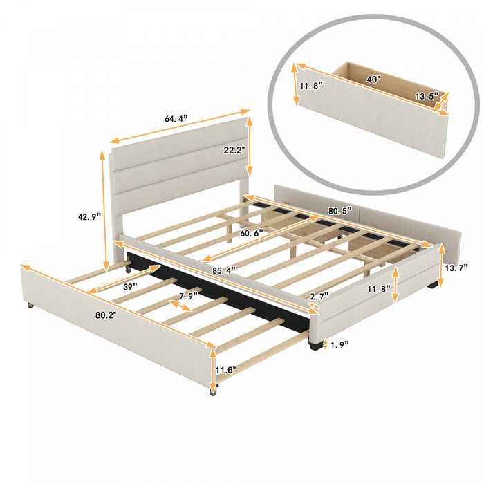 Sophie Linen-look Fabric Upholstered Platform Bed With Trundle And Storage Drawers, Queen Size - Beige 