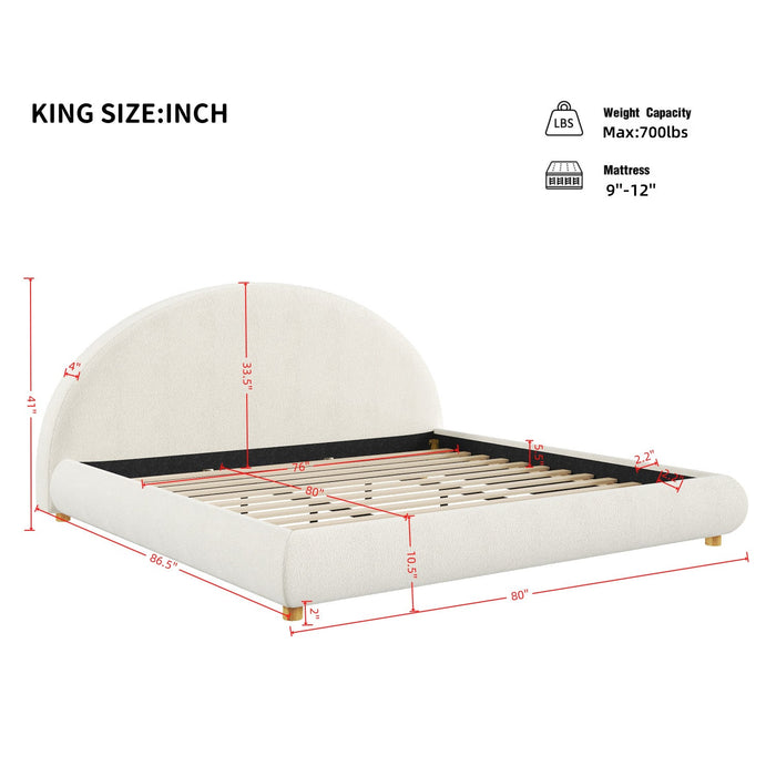 Harold Platform Bed with Boucle Upholstered Round Curved Headboard and Low-Profile Frame,King Size,White King Bed  