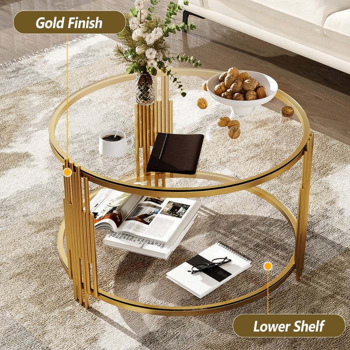 Jonas 31.5\" Round Tempered Glass Coffee Table With Lower Shelf -  Transparent 