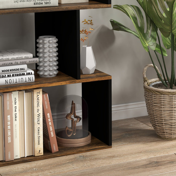 HOMCOM 5-Tier Bookshelf, Narrow S Shaped Bookcase, Rustic Brown